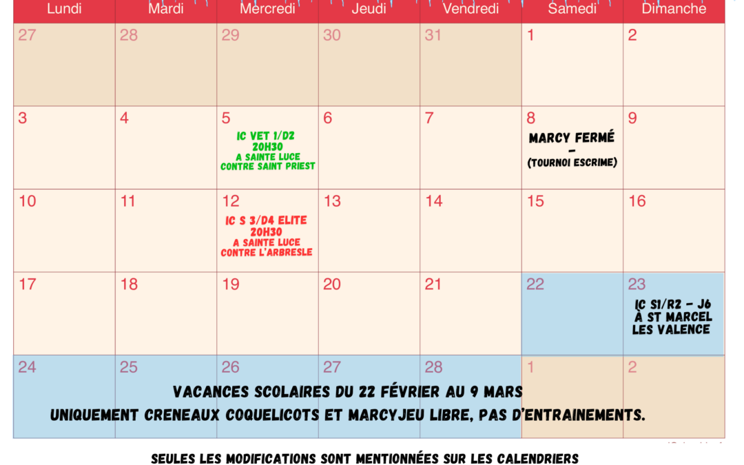 CALENDRIER FEVRIER 2025