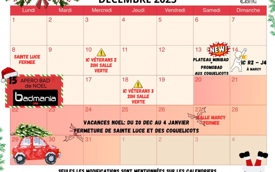 CALENDRIER DÉCEMBRE 2025
