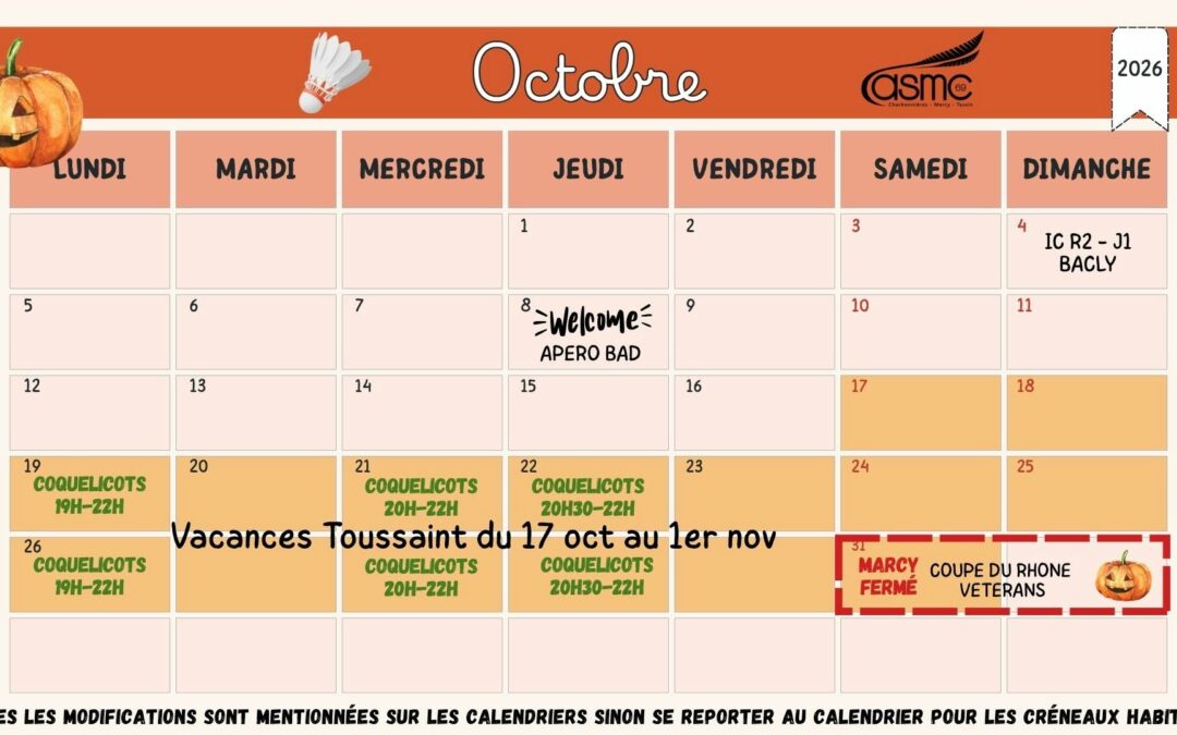 CALENDRIER OCTOBRE 2026